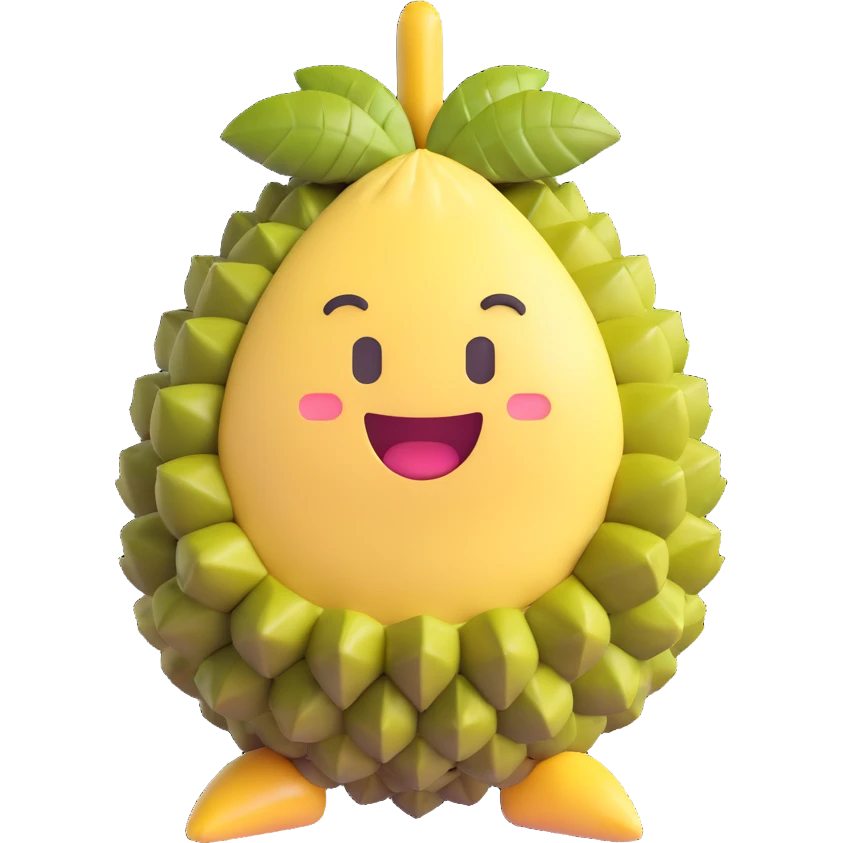 Remove all facial features and expressions from the durian character, keeping the same 3D emoji style, shape, and color characteristics as the reference image. Do not add any emoji or facial symbols. emoji