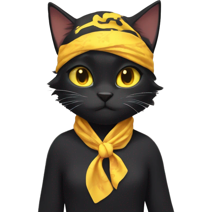 a black cat with yellow eyes and a bandanna around its neck, sora as a cat, kiki, anime cat, lineless, anime catgirl, emoji