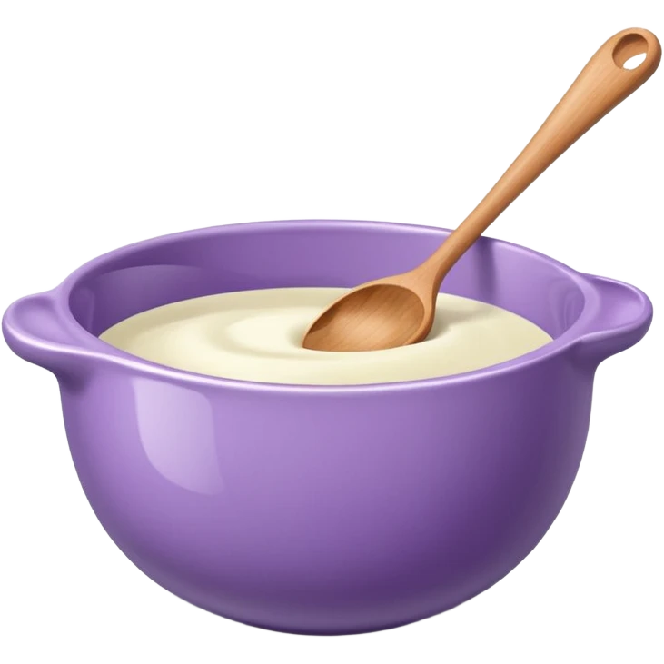 a lilac ceramic mixing bowl with a wooden spoon stirring emoji