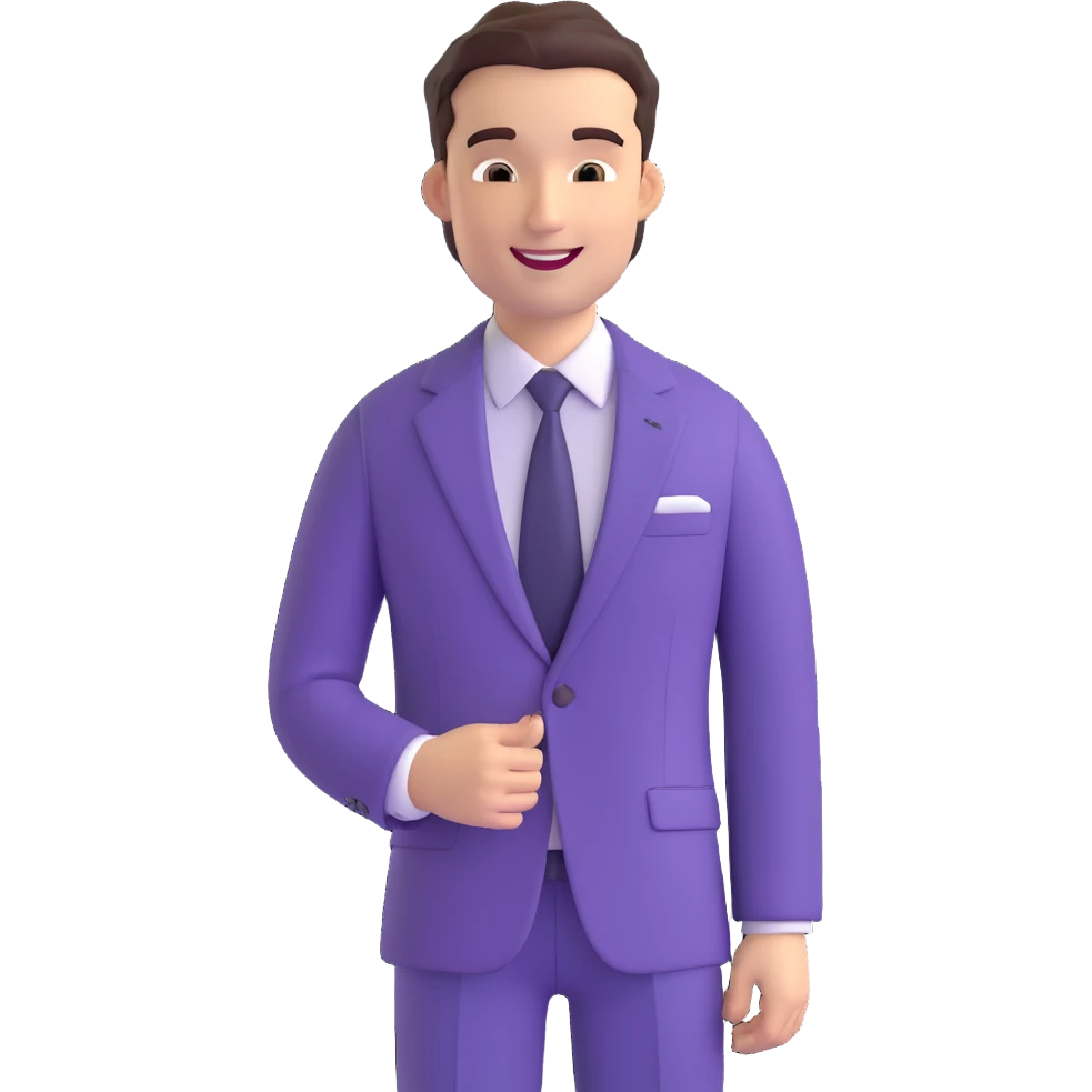 male character in a purple suit, smiling, business casual emoji