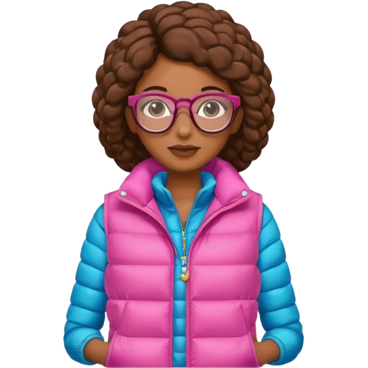 brown skin woman with glasses pink puffer vest emoji