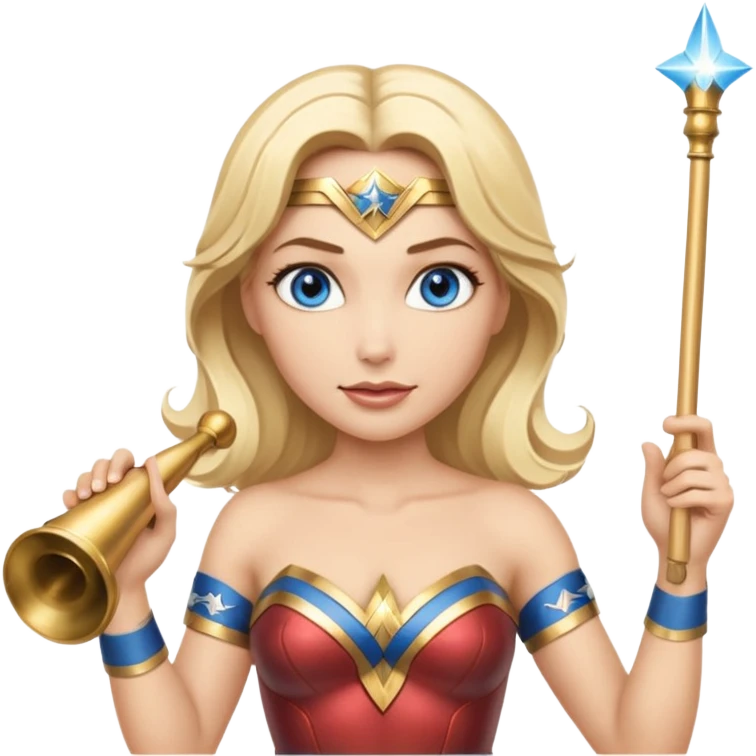 Blonde blue eyed Wonder Woman holding white orchestra conductor’s baton and bell  emoji