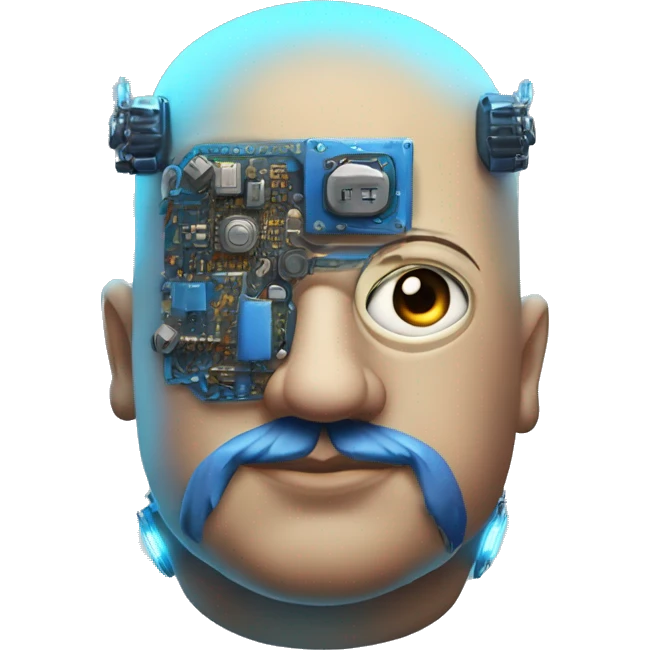Fat bald cyborg head with tan skin, blue beard, blue steampunk goggles and circuits emoji