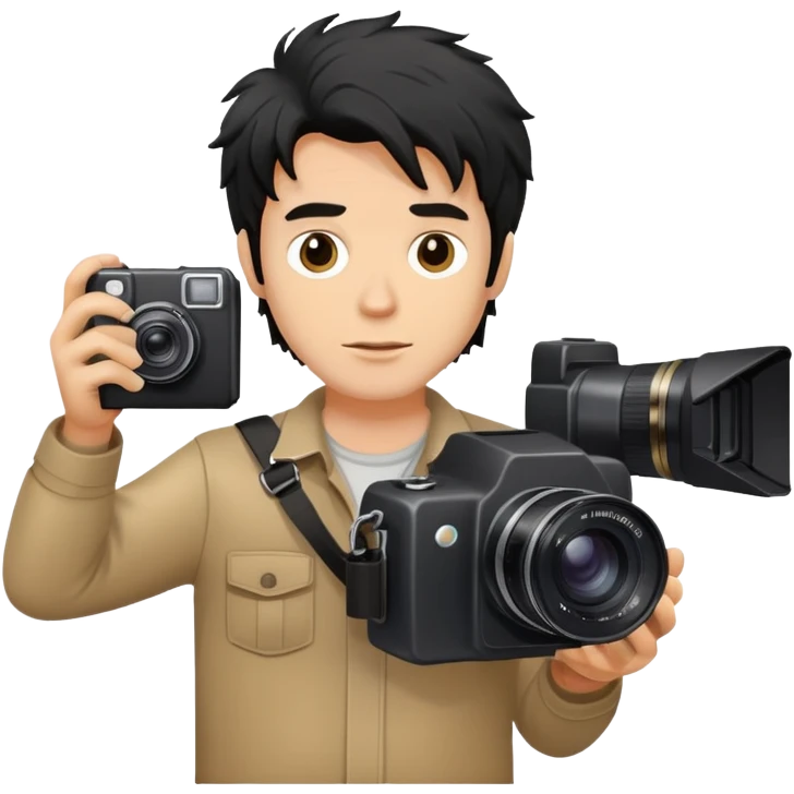 a white man with black messy hair holding a photo camera emoji
