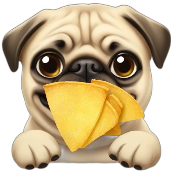 4k, Sticker design of funny pug with chips in him hand, cute, meme, illustrative, simple, realistic emoji