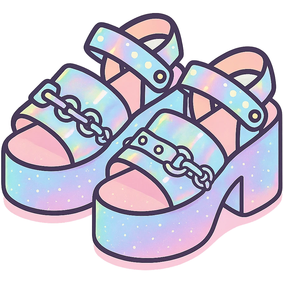 Add a holographic effect to the black-to-pastel pink gradient platform sandals with silver studs and chains, subtle glitter, kawaii style, no socks, no hearts, transparent background emoji