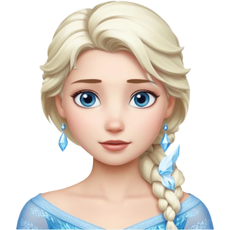 Кинематографический реалистичный портрет Эльзы с реалистичной текстурой кожи, мягким естественным освещением и изящно детализированными платиново-русыми волосами Её  выразительные голубые глаза излучают уверенность, спокойное выражение. Морозная свежесть  emoji