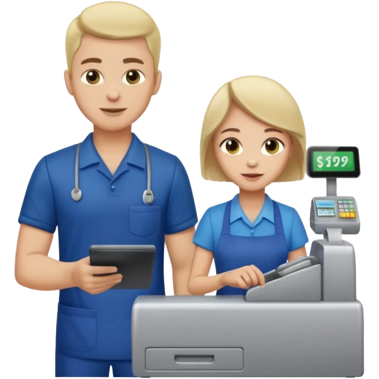 Supermarket employee at a cash register, full body, serving a man emoji