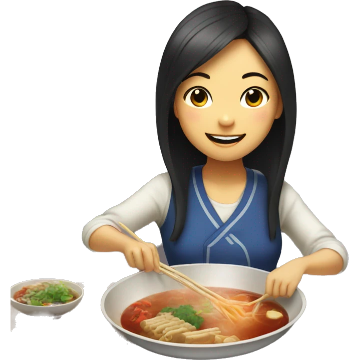 Asian girl eating hotpot and smiling emoji