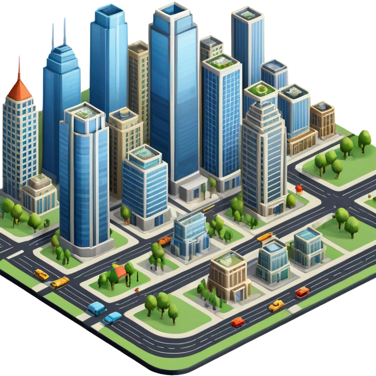 An icon showing a city-building game interface, inspired by Sim City. The design features a bustling city with roads, skyscrapers, and parks, with buildings being constructed and managed. The game’s interface, with stats and controls, is visible at the top. Transparent background. emoji