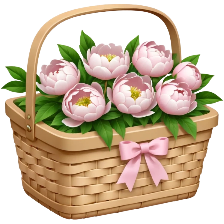 White Picnic basket with light pink bow and white peonies inside emoji