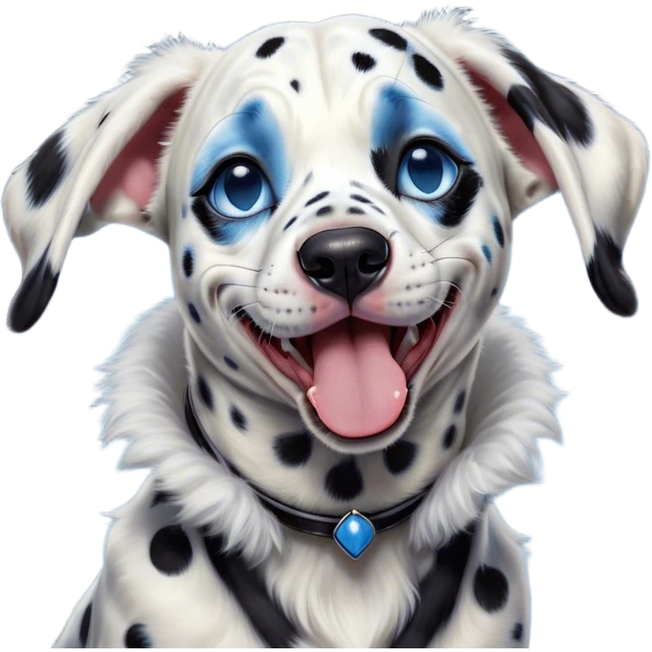 Cinematic Cute Yawning Harlequin Dalmatian Portrait Emoji, Head tilted slightly with a dramatic, wide-open yawn, showcasing a smooth Fur of predominantly white with bold black patches, floppy ears slightly drooping, round blue eyes barely open in drowsy contentment, Simplified yet irresistibly adorable features, highly detailed, glowing with a soft, cozy glow, high shine, relaxed yet expressive, stylized with a touch of whimsy, bright and endearing, soft glowing outline, capturing the essence of a sleepy yet affectionate guardian, so drowsy it feels like it could stretch out of the screen and curl up for a nap! emoji