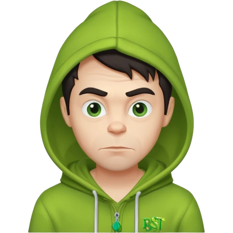 Create an avatar of white European with dark hair  male in hoodie with ``BST`` letters on it. Make background to look like from movie Grinch emoji