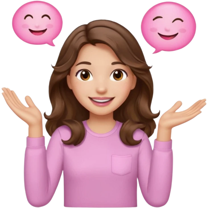 girl with wavy long brown hair, brown eyes, light to medium complexion, long lashes, light pink lipstick, smiling, wearing light pink shirt, clapping emoji