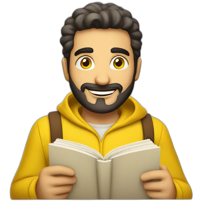 Armenian men with the yellow clothes reading book and looking at camera and smiling  emoji