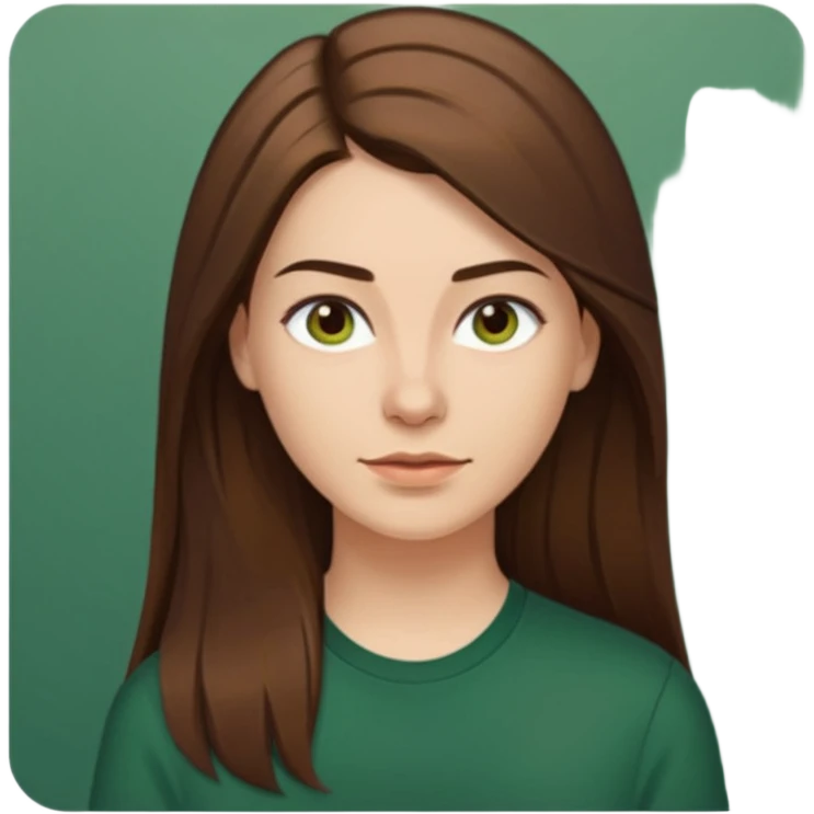 30 yr Caucasian woman long brown straight hair parted on side dark green shirt emoji