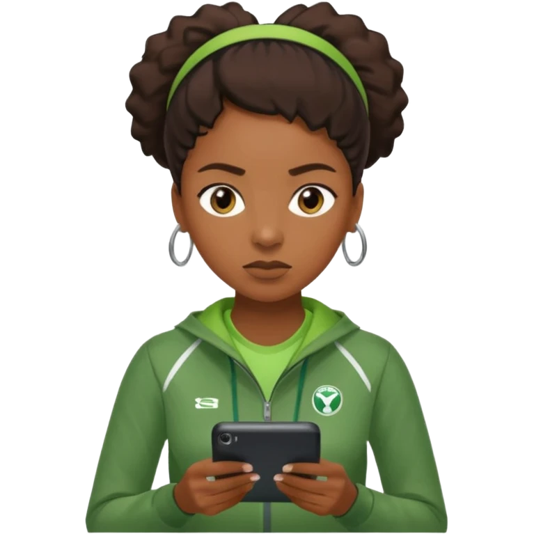A calm black female coach with folded arms, analyzing the game with sharp focus, green clothes emoji