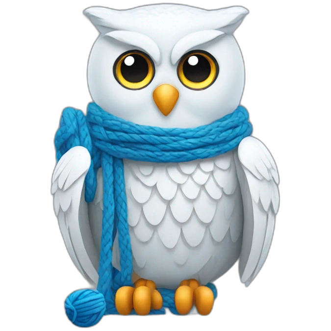 White Owl holding blue yarn ball and knitting needles emoji