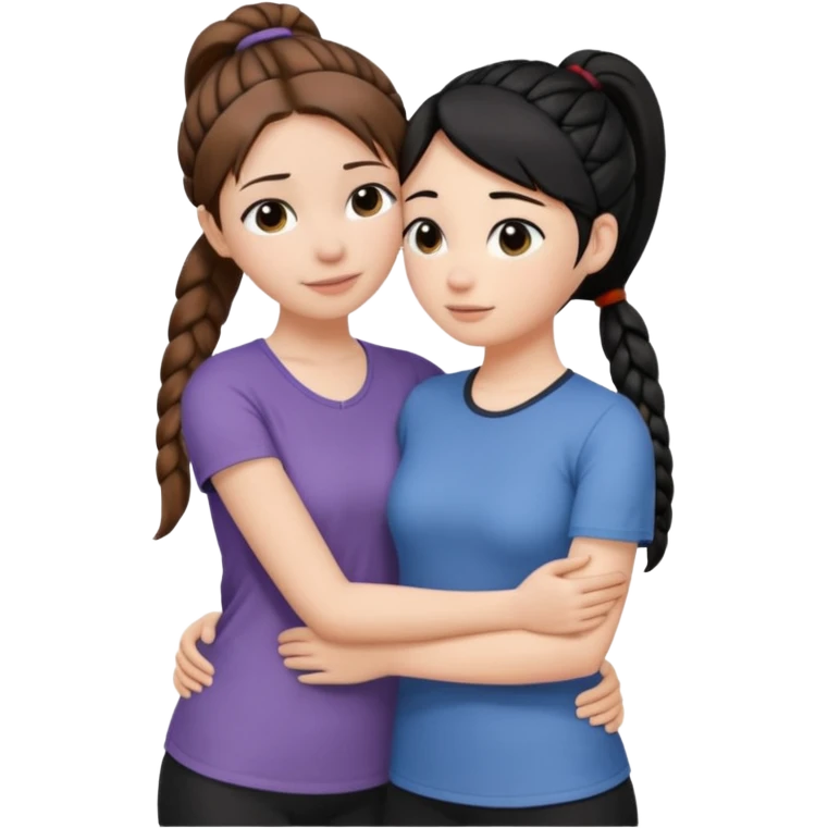 Comforting Hug two white skin women, one shorter woman with brown hair in simple top ponytail, not braided, and one taller woman with black hair in long side braid emoji