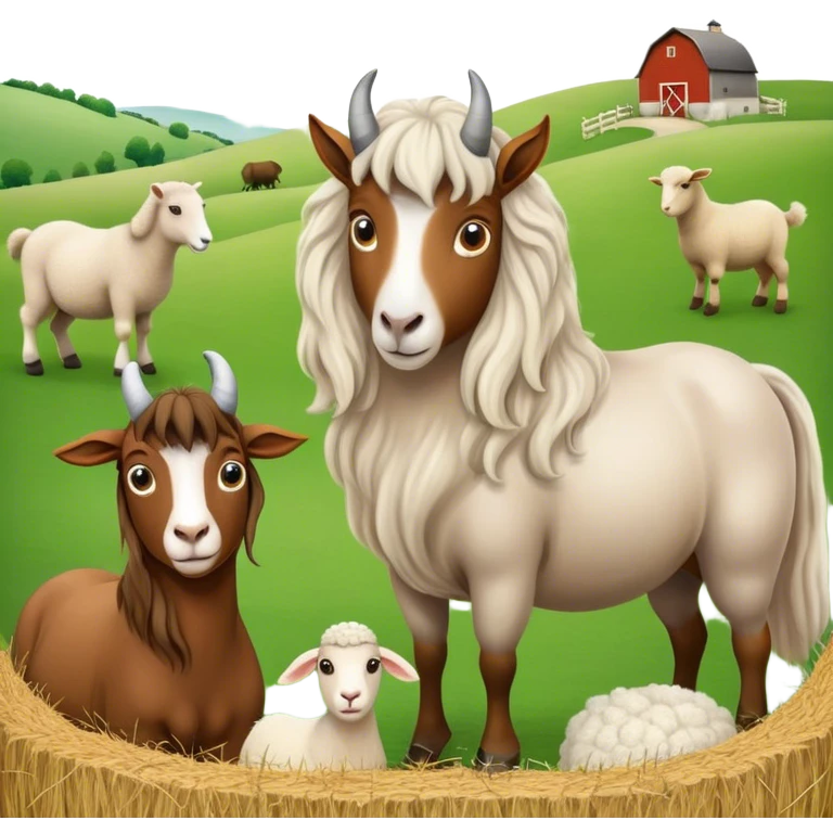 Icon for Domestic Hooved Animals: A gentle collage featuring a horse with a flowing mane, a brown goat with large, curious eyes, a calm sheep with soft wool. Background with a green pasture and a few hay bales. Transparent background. emoji