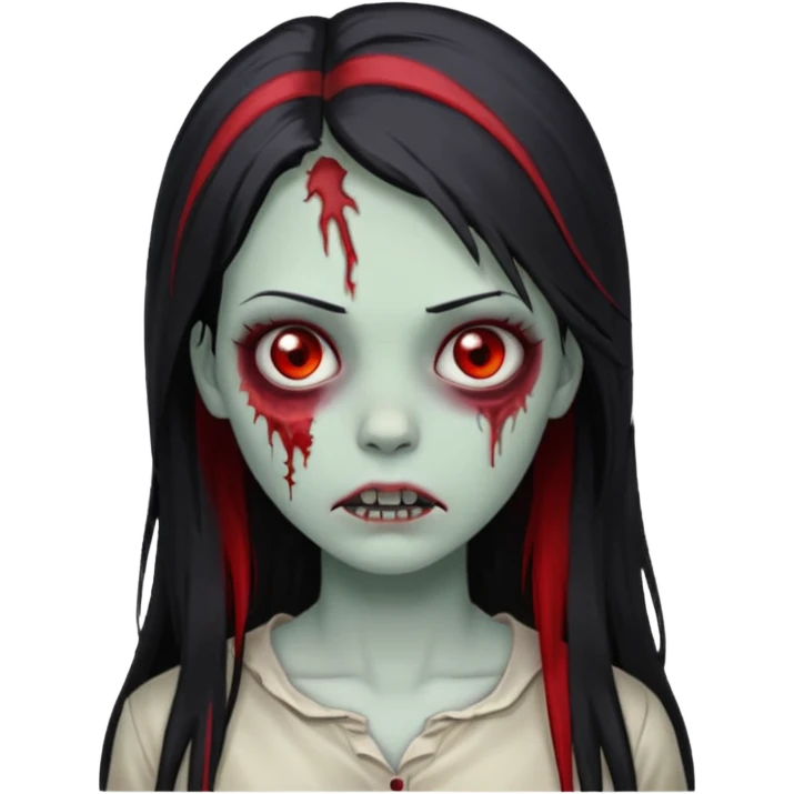 Garota zumbi cabelo longo preto, mevhas vermelhas nas laterais na frente da cabeça emoji