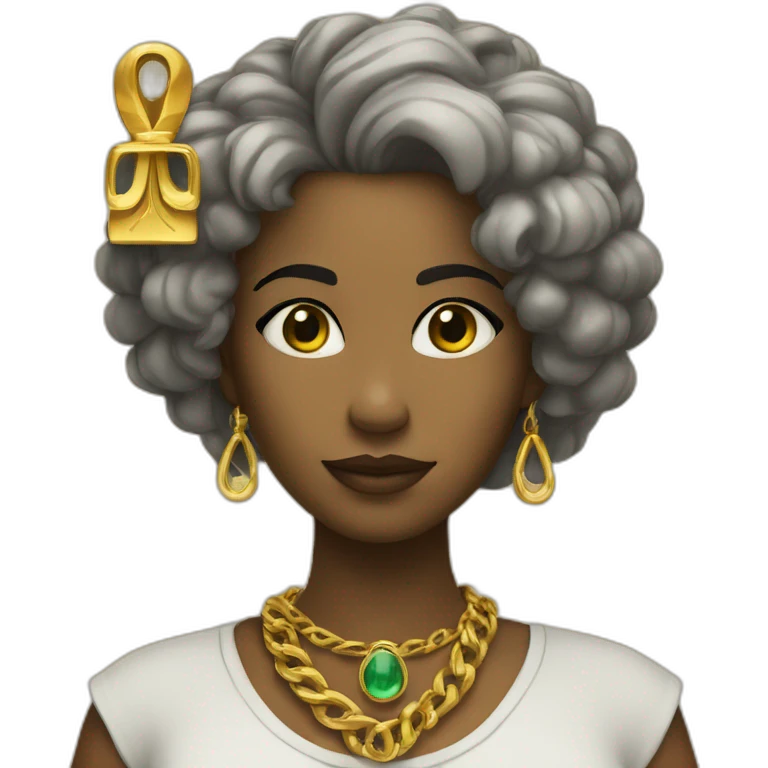 Valérie with a gold necklace with ankh emoji
