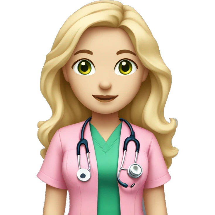 pale blonde girl with long wavy hair and green eyes wearing pink scrubs and stethoscope  emoji