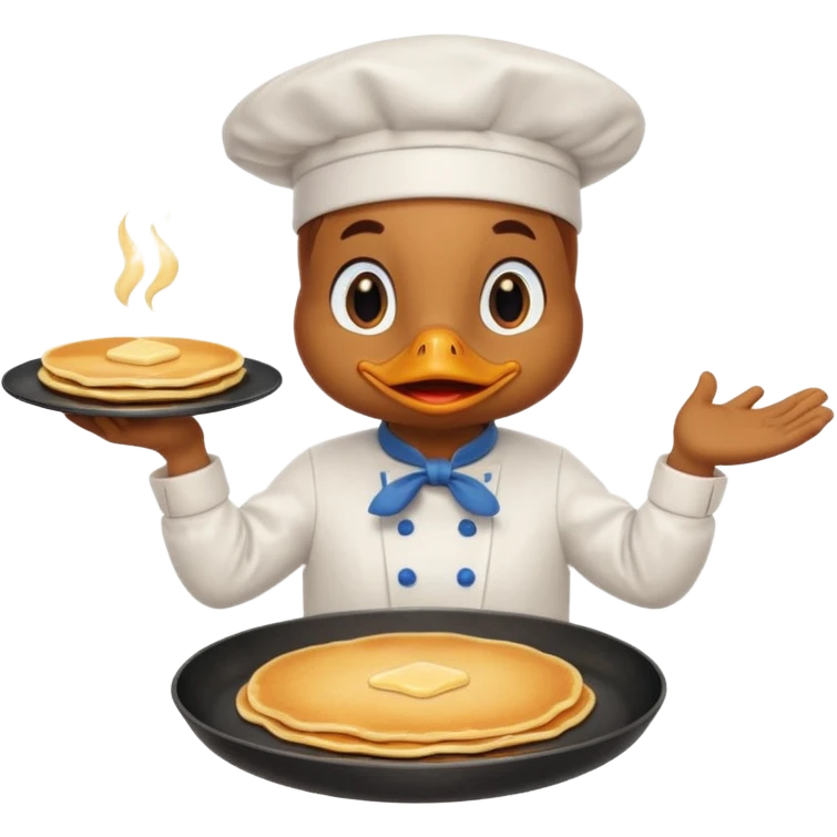 A chef duck wearing a tiny apron, flipping pancakes on a pan emoji