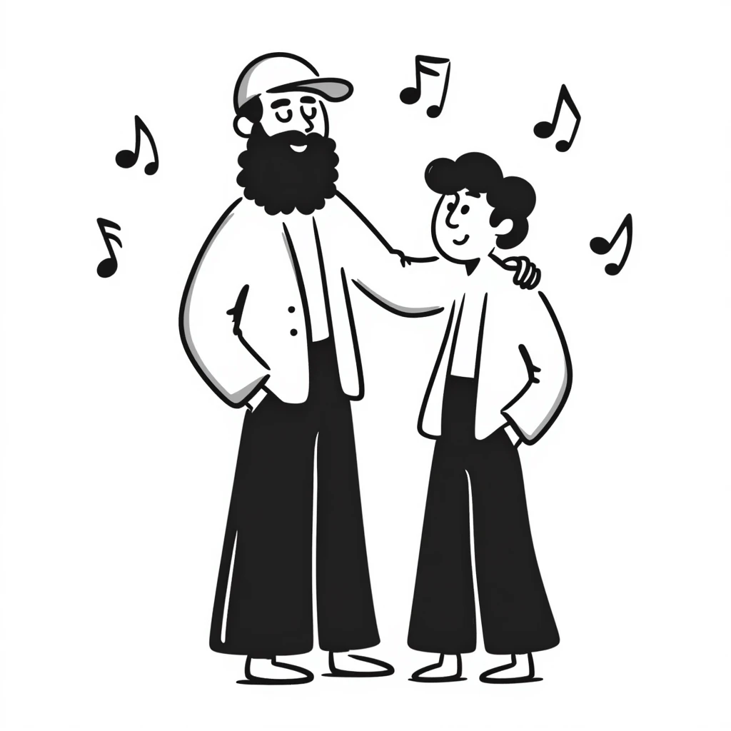 A taller 35-year-old musician with beard and backwards cap with his arm around the shoulder of his shorter, younger 25-year-old musician brother. Both facing forward, smiling. Obvious height difference between them. Music notes floating around and band members celebrating in background. emoji