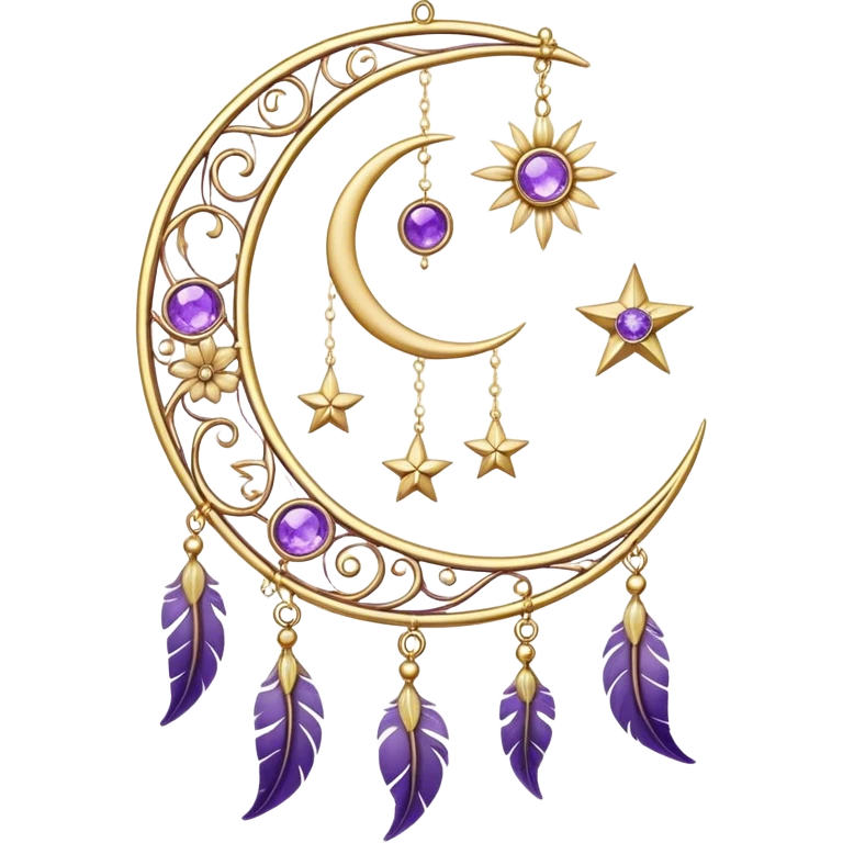 Epic beautiful gorgeous cute gold suncatcher, threads with shiny sparkly amethyst gemstones, flowers, crescents-moons, stars, violet Feather emoji