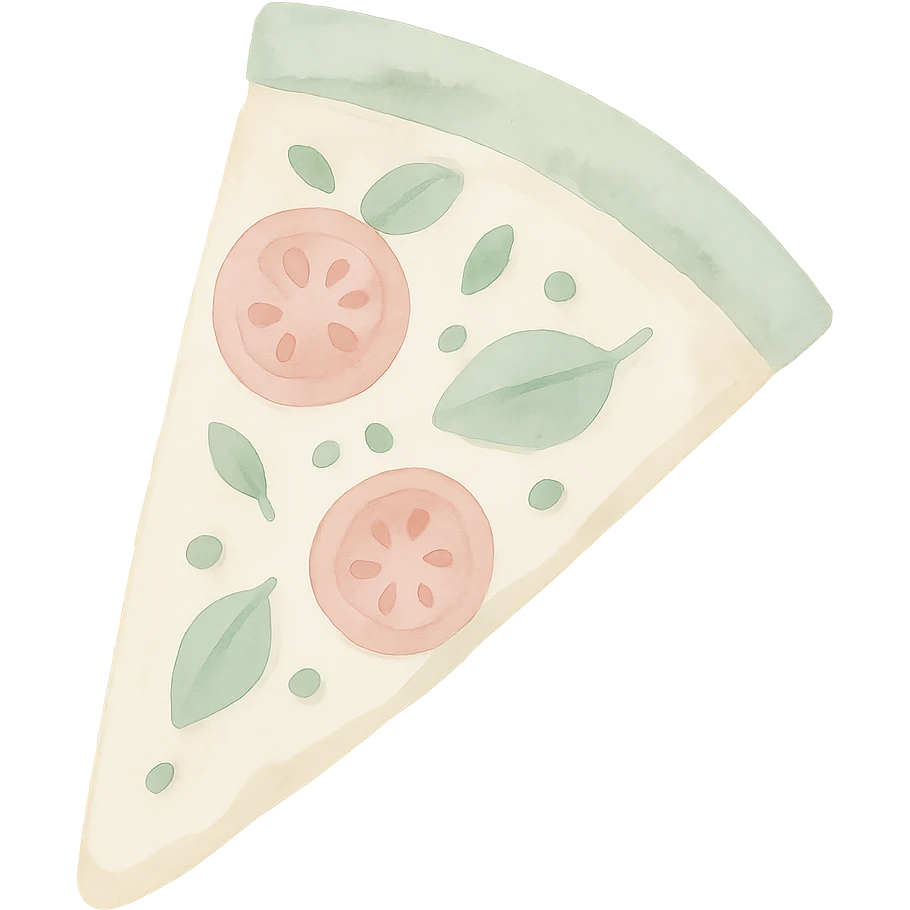 Pizza slice in watercolor style with white, green, and pink pastel tones. emoji