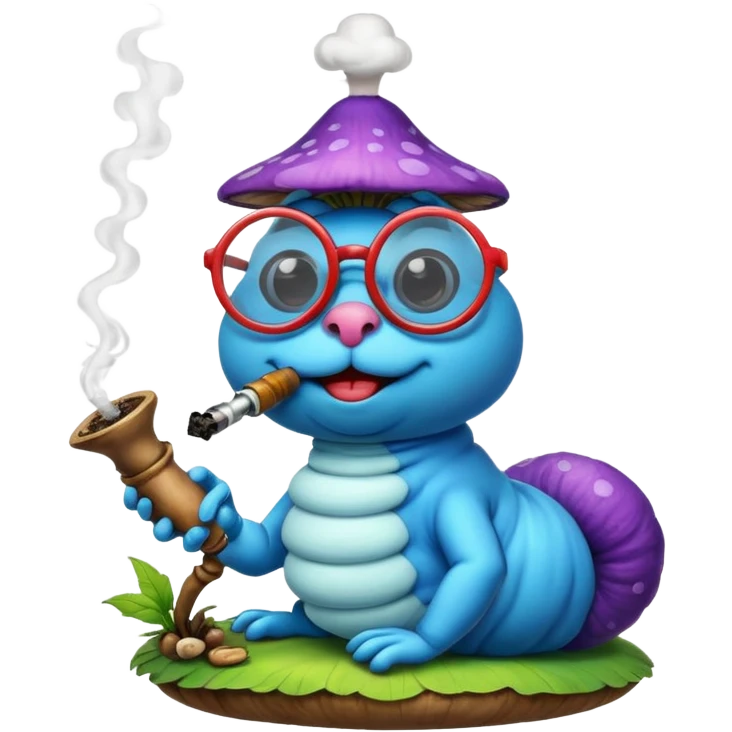 blue caterpillar with round glasses smoking a hooka pipe on top of a mushroom emoji