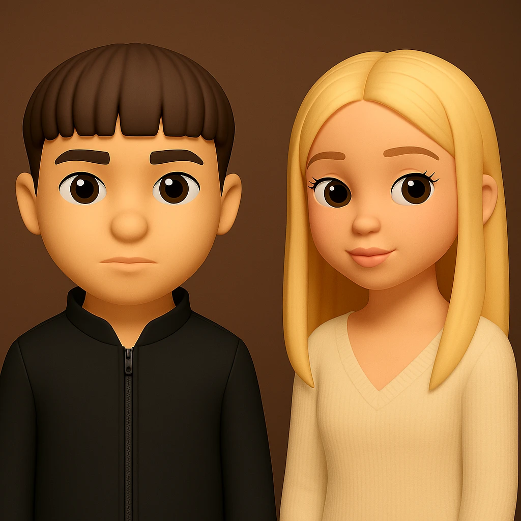 Place two 3D emoji characters on one image, standing separately with space between them, each as a separate figure emoji