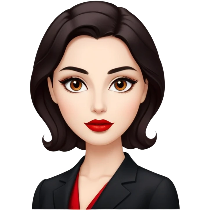 Elegant actress with luminous skin, elongated face, dark almond eyes with tasteful eyeliner, thick eyebrows, straight nose, red lips, voluminous dark hair with gentle waves, black professional attire, dignified confident pose emoji