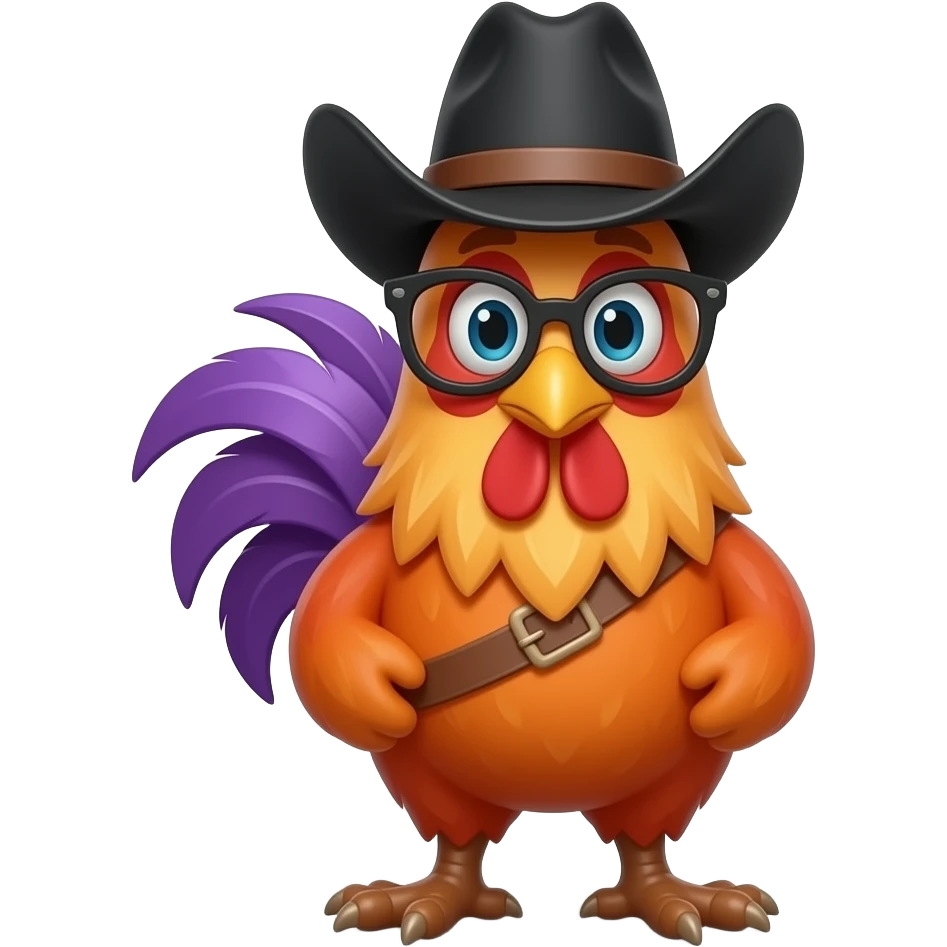 orange, purple Rooster clown plant, black vest cowboy emoji