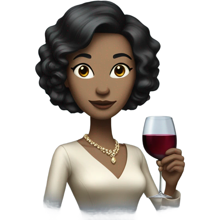 Rich woman jet black hair pale skin holding wine glass  emoji
