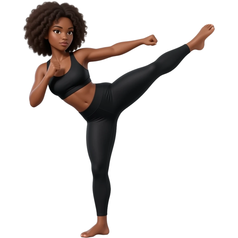 Light-brown Black woman, afro hair, wearing black sports bra and leggings, performing KICKBACK STANDING WALL , full body, toned glutes and legs, strong posture, realistic fitness style, clean background, soft lighting. emoji
