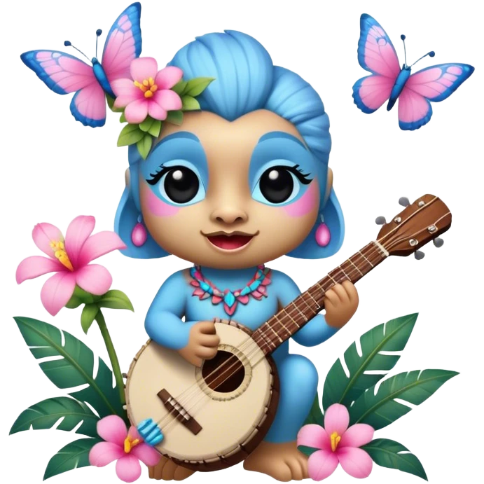 Pixar style little Blue and pink tiki singing with a butterfly, banjo, and tropical flowers, ultra detailed and lifelike imagery, realistic emoji