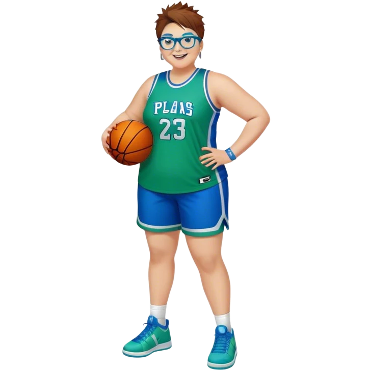 Full Body plus size white female basketball player with short medium brown hair with short spike hair wearing blue glasses 
With a small wide nose wearing blue green uniform  green sneakers smiling wearing silver hoop earrings emoji