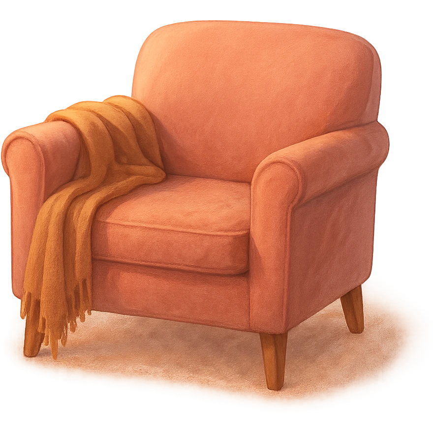 pink cozy armchair with a blanket, warm colors, soft lighting emoji
