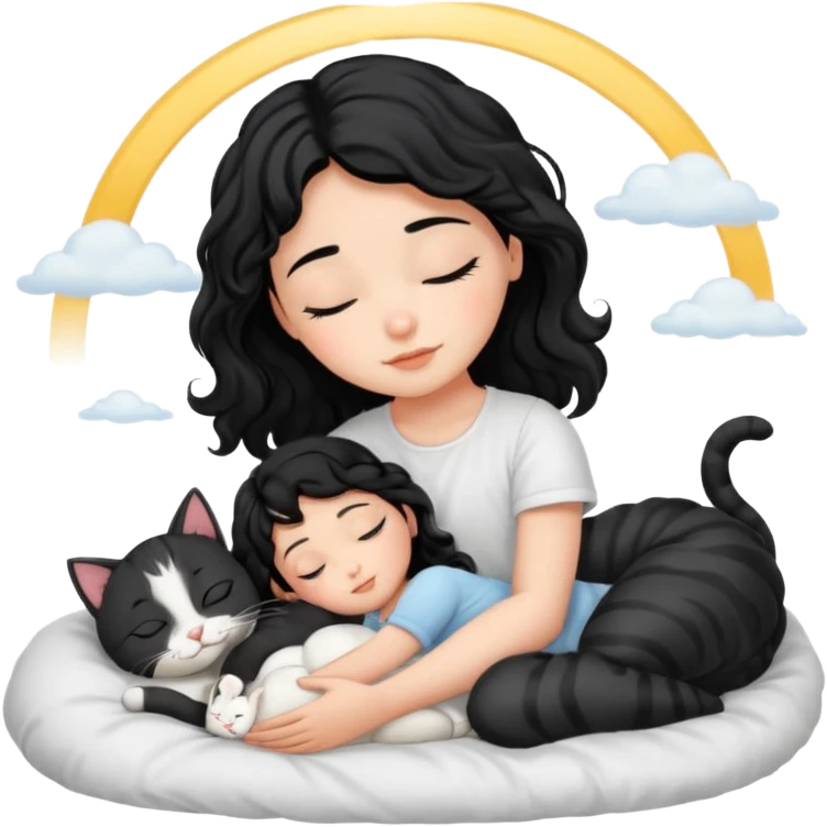 angelic sleeping black wavey hair girl in the bed with her cats emoji