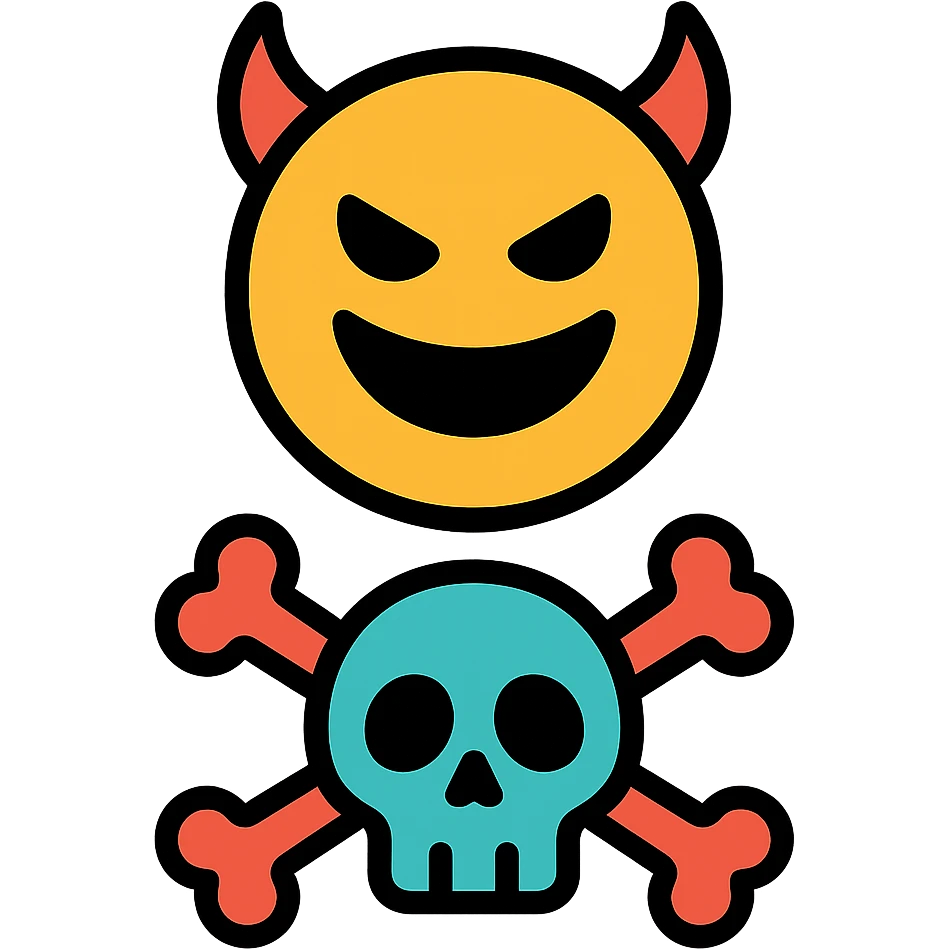 cara malvada sonriendo con cuernos y una calavera con huesos cruzados emoji