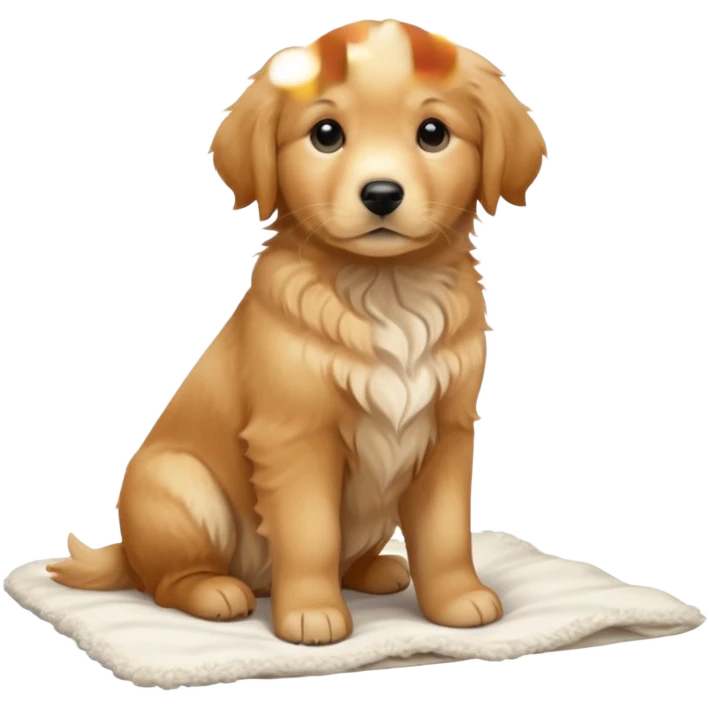 A Golden Retriever puppy standing peacefully on a soft blanket indoors. Cozy home environment, natural lighting, soft focus, adorable realism. emoji
