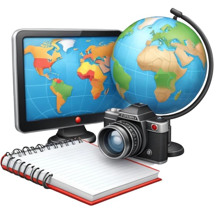 An icon showing a microphone, a notepad, and a camera, symbolizing journalism. The design includes a globe in the background, representing global news, and a breaking news banner for emphasis. Transparent background highlights the dynamic world of media and reporting. emoji
