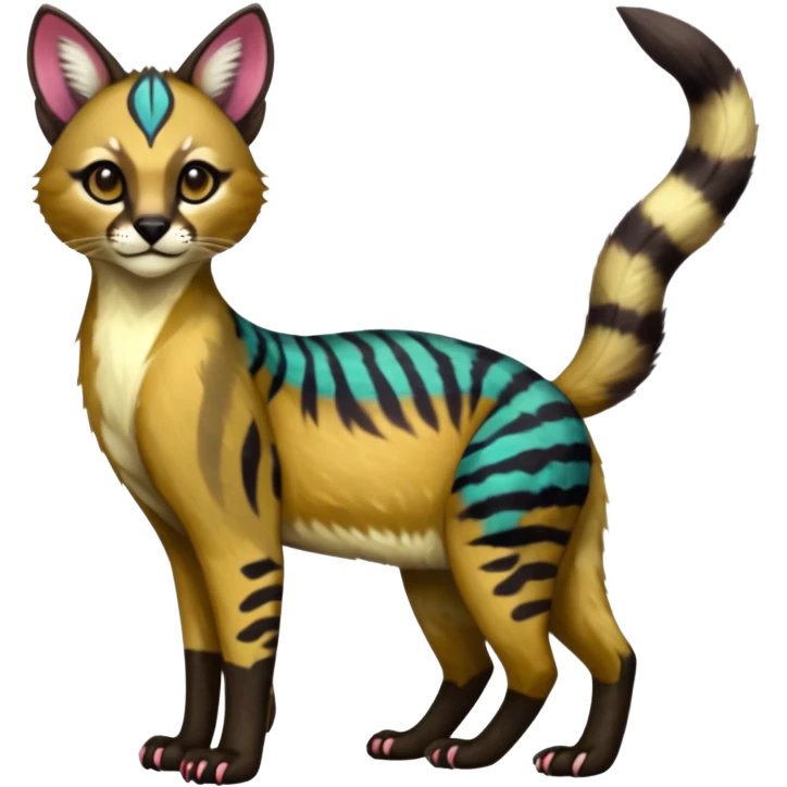 Vibrant-colored colorful painted marked patterned Asian glorious divine exotic cute cool beautiful shiny beautiful fantasy-caracal-civet-genet-sergal-vernid-Cacomistle-oncilla-animal-Fakémon-hybrid-fursona (full body) emoji