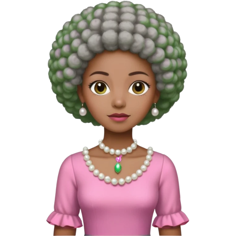 Brown woman with very short stylish gray Afro  wearing pink and green dress  and pearl blouse with sleeves emoji