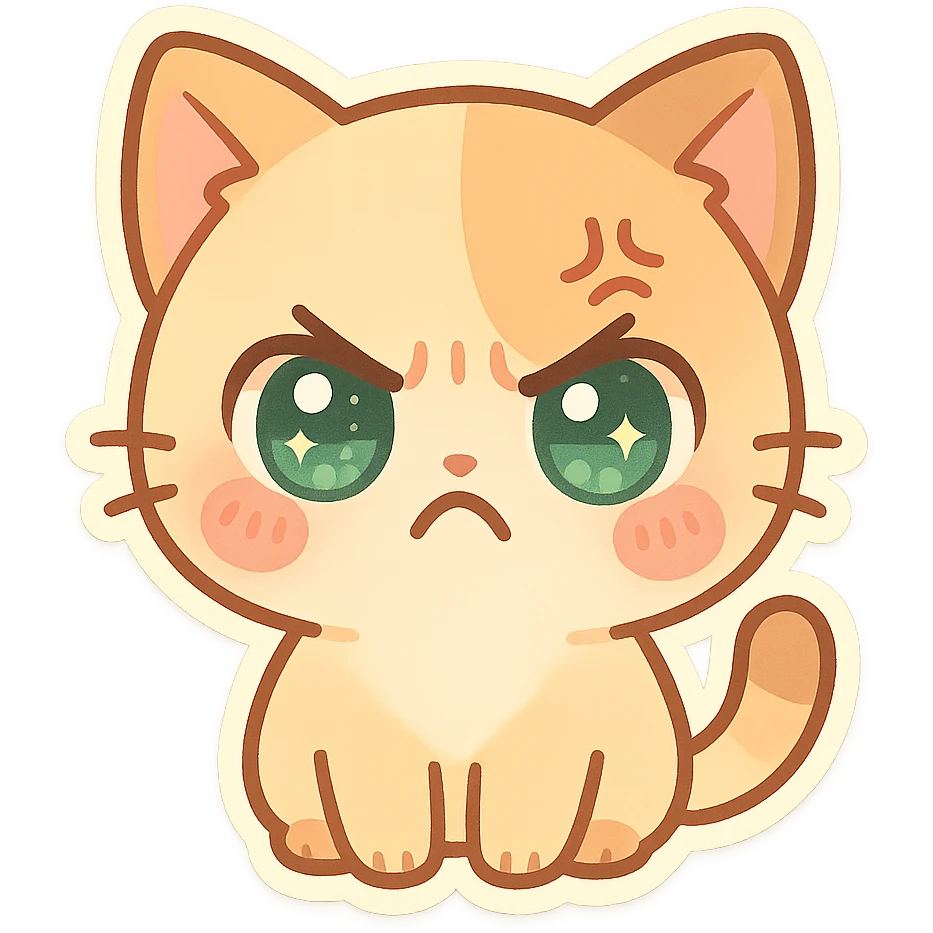 kawaii chibi-style cat emoji with pastel orange and brown cream fur, anime-style angry expression, sparkly green eyes, blushing cheeks, pastel color palette, soft rounded design, vector art emoji