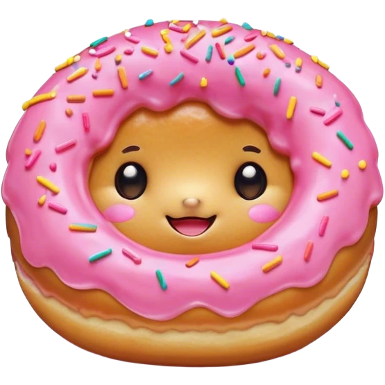Cinematic tiny happy donut, round and fluffy, golden brown with pink icing and sprinkles, tiny adorable face with blushing cheeks, warm glowing background. emoji