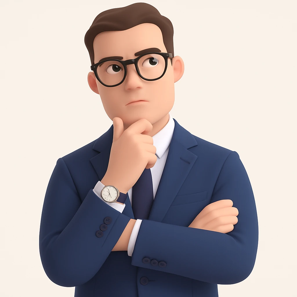 Add stylish glasses to the thoughtful businessman, keeping the luxury watch visible and the expression contemplative and curious, with a clean background. Maintain a clean background and focus on the glasses and expression enhancement. emoji