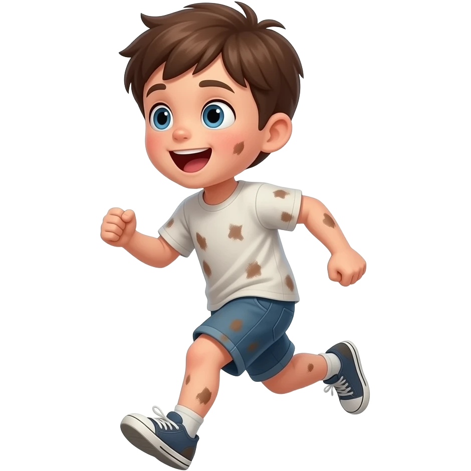 un chico con los ojos azules i el pelo castaño. Tiene 5 años i esta emocionado. tiene la ropa manchada esta corriendo emoji